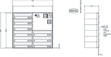RENZ Briefkastenanlage Unterputz, Schattenfugenrahmen, Kastenformat 370x110x270mm, mit Klingel - & Lichttaster und Vorbereitung Gegensprechanlage, 9-teilig,